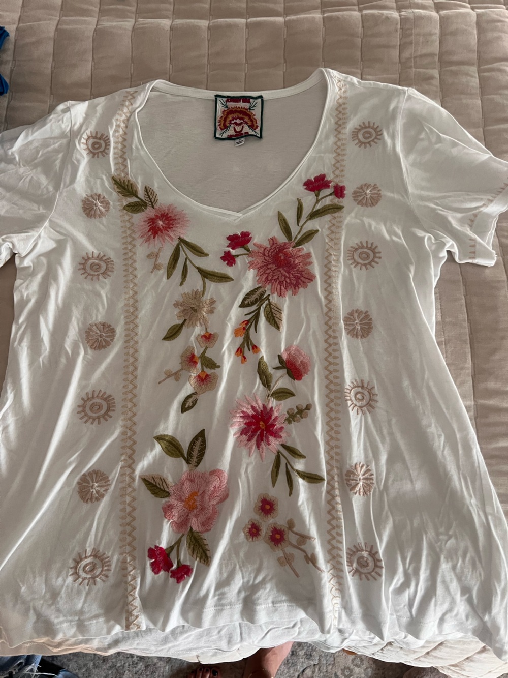 Johnny Was White Short Sleeve Tee with Pink & Green Floral Embroidery